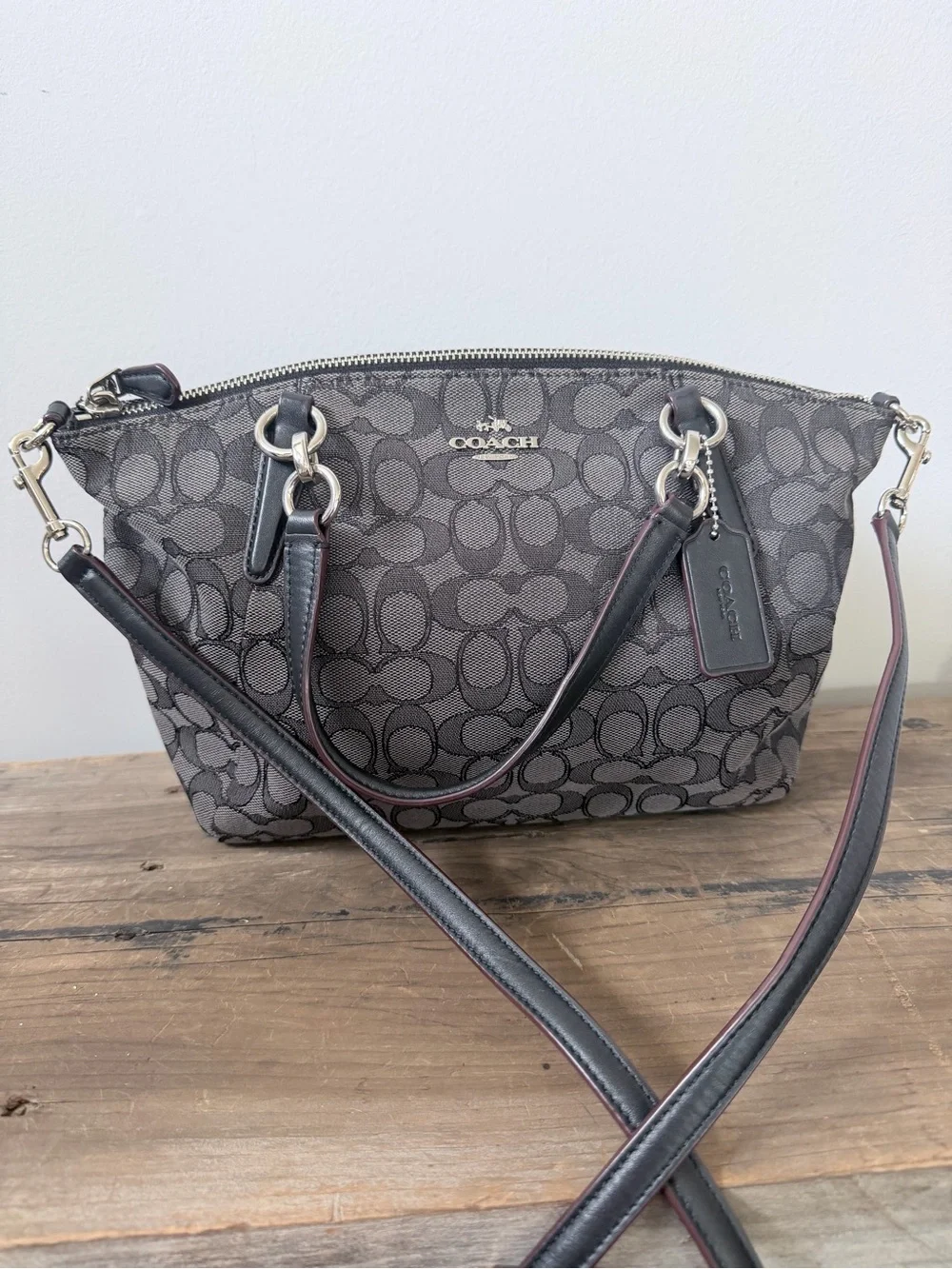 Coach Gray Signature Canvas Kelsey Satchel Bag with Black Leather Trim and Strap